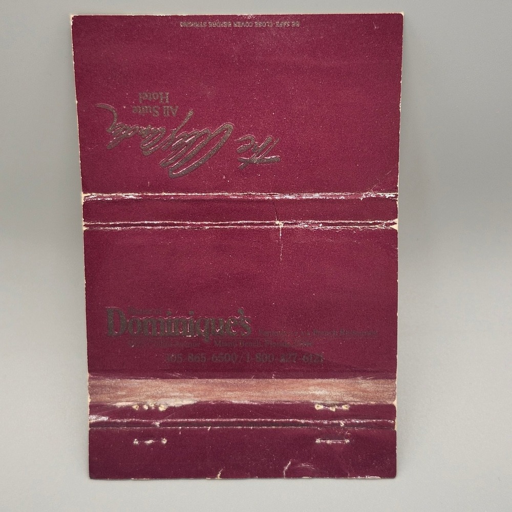 Vintage The Claypool All Suite Hotel Dominique's Miami Matchbook Cover Burgundy